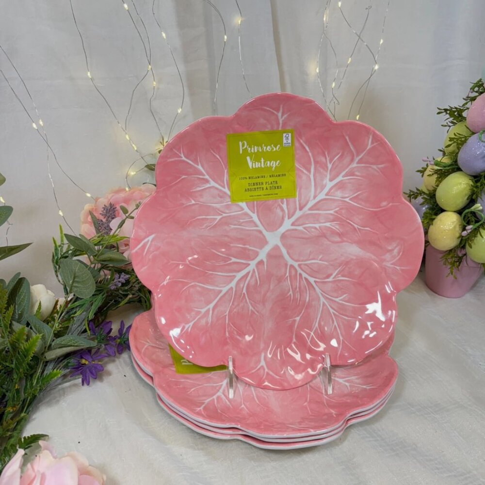 Primrose Vintage Melamine Dinner Plates Pink Cabbage Leaf 11” set of 4 New - Picture 2 of 3